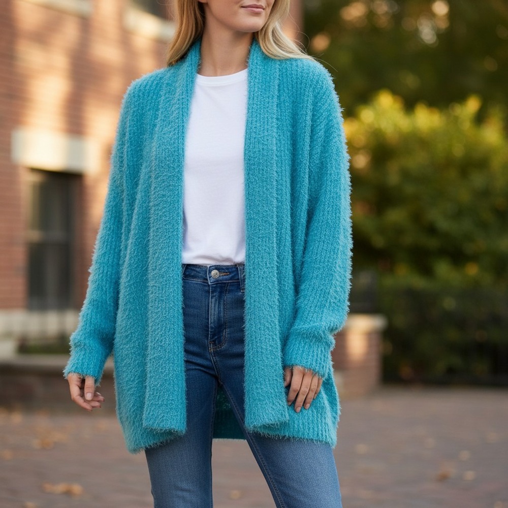 Gilli Shaggy Eyelash Knit Cardigan Turquoise Blue Open Front Sweater XS